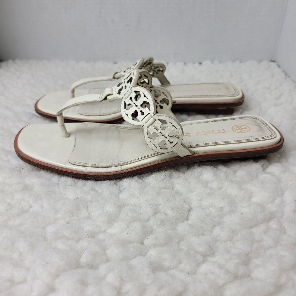 Tory Burch Tiny Miller 10mm Womens Sandals Size 6.5 Ivoiry Calf Leather Thong - Picture 3 of 10